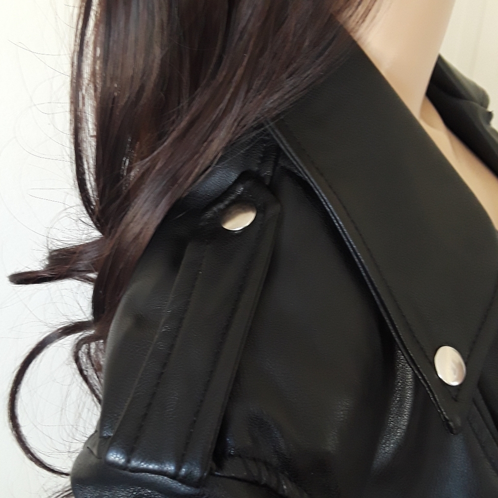 Black Leather Belted Hip Length Leather Jacket - Picture 7 of 10